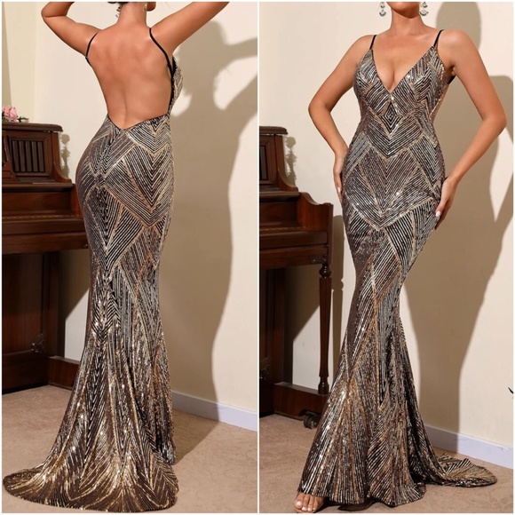 Luxe Sequin backless mermaid hem party formal prom sequins gown dress - Picture 11 of 11